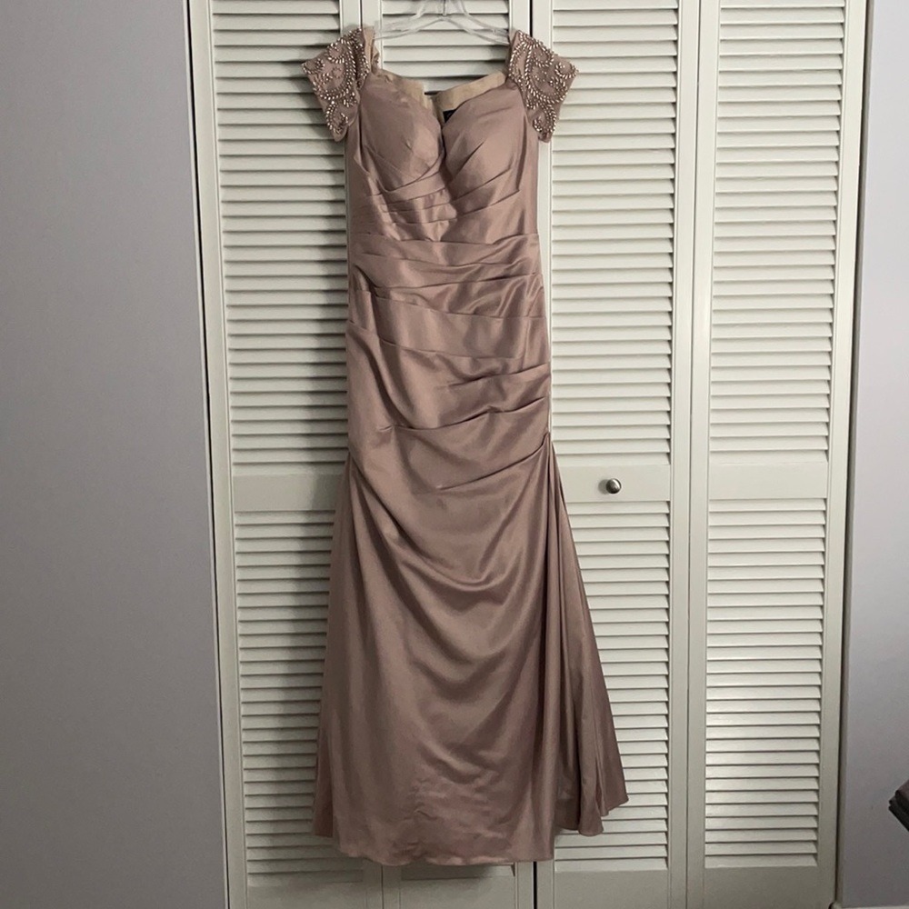 Off the Shoulder Beaded Satin Trumpet Gown